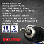 "BOSSMAN"  BATTERY CORDLESS IMPACT HAMMER DRILL 12V BIC-12冲击电钻