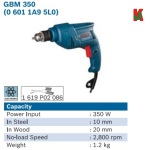 "BOSCH"  DRILL GBM 350   (06011A95L0) 手电钻 < 6 MONTHS WARRENTY>